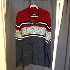Chaps Men's Sweater Mock Neck Buttons Red/Black/Gray/White Cozy Sz XL EUC